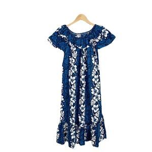 KY’s Vintage Hawaiian Muumuu Dress Off Shoulder Women’s Medium Blue Hibiscus